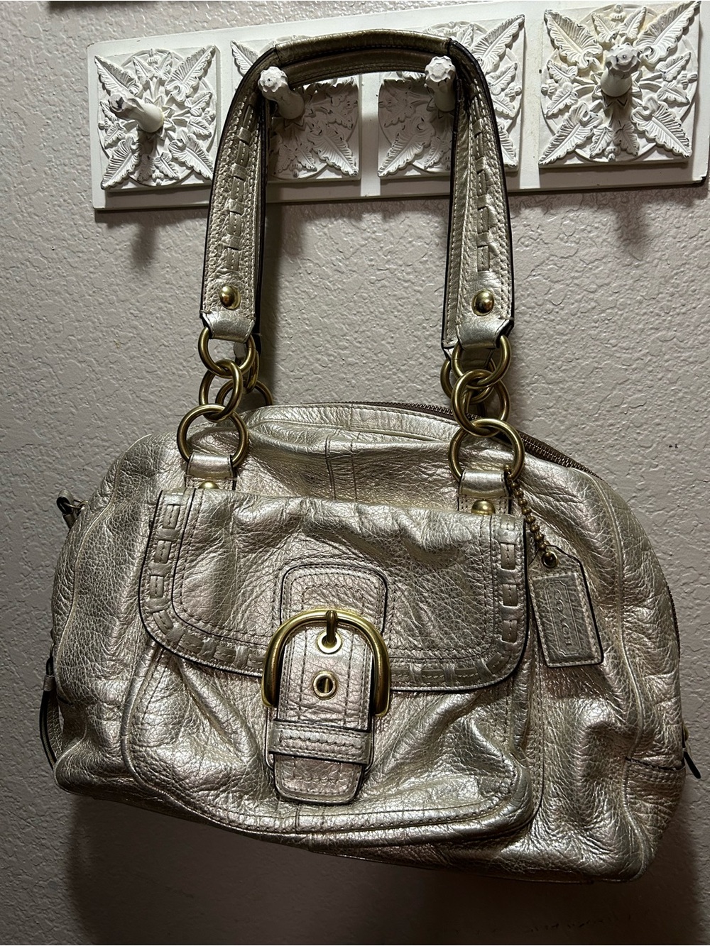 Authentic Coach Metallic Silver Leather Shoulder Bag with Brass Buckle Accents